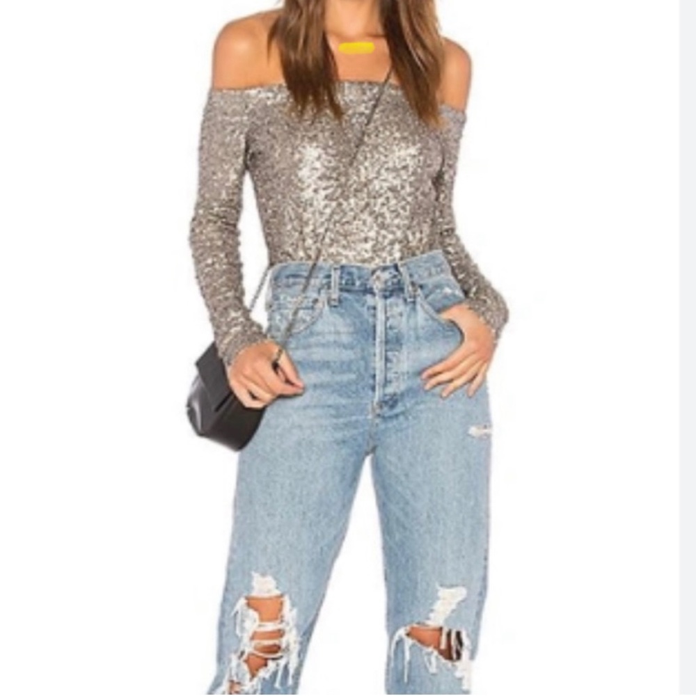 BAILEY 44 OFF THE SHOULDER SEQUIN TOP SMALL TAUPE ANTIQUE GOLD SILVER